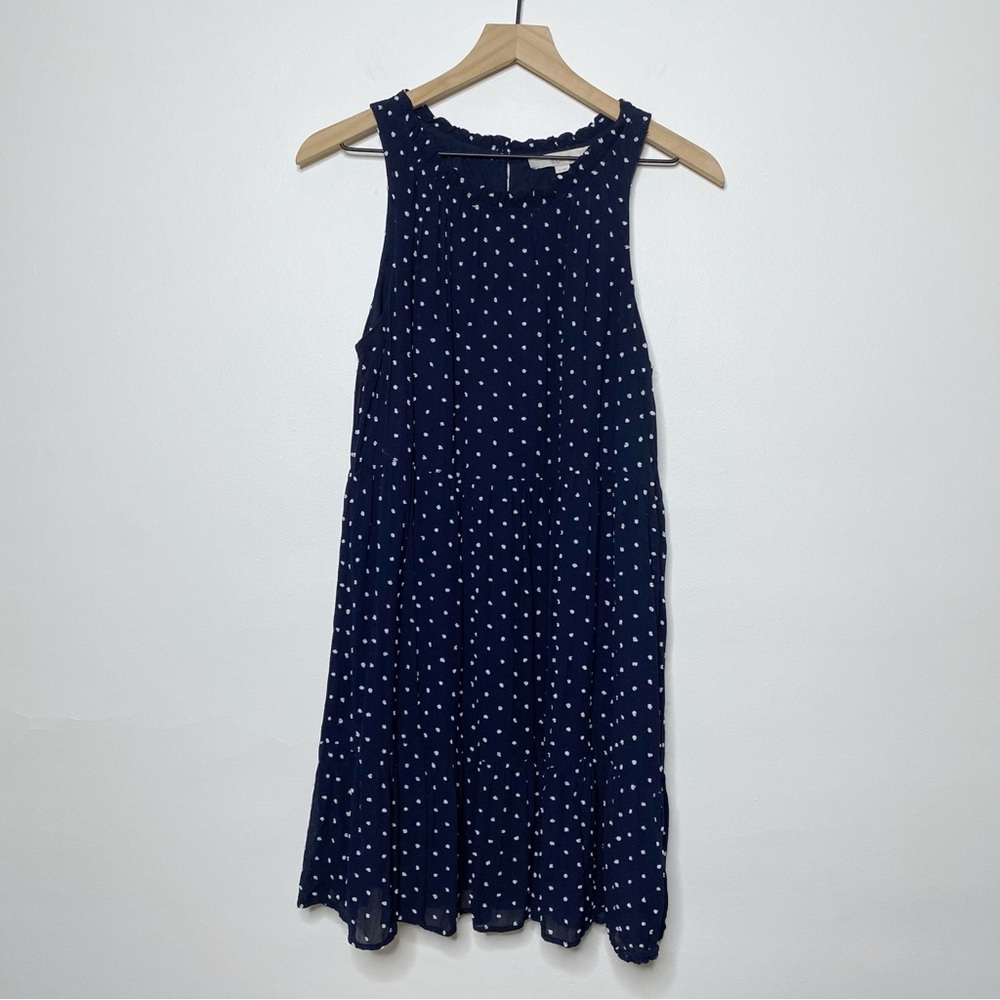 Loft Navy Blue and White Dots Sleeveless Tiered Swing Dress - Medium